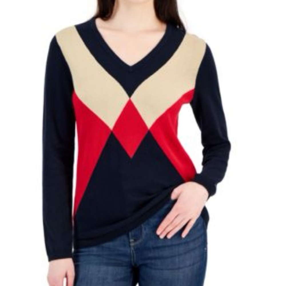 Tommy Hilfiger Women's V-Neck Sweater - Navy, Red, and Cream size medium